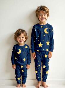 2pcs Toddler Boys Minimalist Star & Moon Print Long Sleeve Top And Pants Casual Comfortable Loungewear Set - Navy Blue - View 1