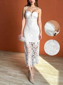 Breezaya Vacation Casual Women's Long Lace Splice Hollow Out Spaghetti Strap Backless Dress
