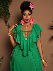 Maweii Váy suông xếp nếp cổ chữ V thanh lịch cỡ lớn có viền bèo nhún, dành cho nữ - màu xanh lá - Xem 4