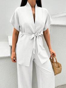 EURMUSE 2 pièces Ensemble Top à manches courtes et pantalon long de couleur unie élégant