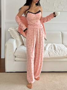 DAZY Conjunto de 3 piezas: Top tipo camiseta de blonda con estampado de lazo y bloqueo de color + Chaqueta + Pantalones de pijama, para primavera