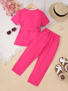 SHEIN Young Girl Fuchsia Oversized Lapel Belted Suit Jacket And Pants Set - Hot Pink - View 2