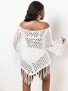 Slaydiva Áo choàng đan tua rua hở vai cỡ lớn - trắng - Xem 3