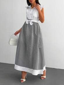 RueChic Holiday Black And White Striped Print Button Front A-Line Belted Dress Maxi Vacation Beach Outfits Women - Black and White - View 6