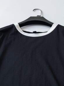 EMERY ROSE 2pcs/Set Summer Women Contrast Trim Round Neck Short Sleeve T-Shirt And Shorts - Black - View 4