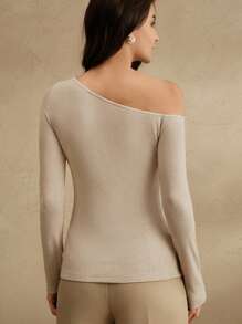 Anewsta Women's Elegant Floral Embroidered & Studded Slim Fit Open Shoulder Asymmetrical Knit Top, Suitable For Festivals, Going Out, Vacation - Khaki - View 2