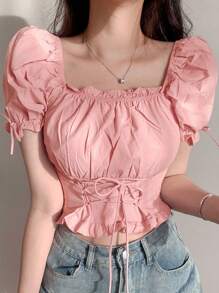 DAZY Women's Ruffle Collar Tie Front Cropped Short Sleeve Shirt In Pink - Pink - View 5