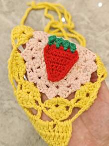 Swim Mod Women's Crochet Strawberry Pattern Halter Top And Tie-Up Triangle Cover-Up Bikini Set, Resort Wear For Summer Beach Vacation - Yellow - View 7