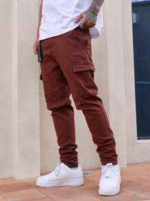 Manfinity Homme Men's Casual Cargo Pockets Washed Denim Jeans, Versatile & - Coffee Brown - View 3