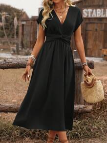 EMERY ROSE Kvinnors vår och sommar Boho-stil Semester Fritidsveckad midja samlad vriden rygg midja volang keps ärm A-linje midiklänning - Svart - Visa 6