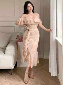 DAZY Plus Size Women's Asymmetric Ruffle Trim Slip Dress Floral,Milkmaid Dress - Pink - View 4