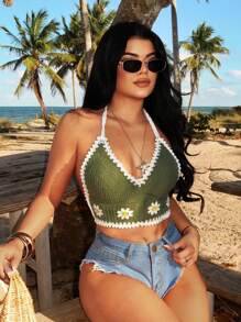 SHEIN SXY Nouveau style Top de camisole en crochet fleuri doux et frais pour femmes, convient pour les vacances à la plage, le printemps/été