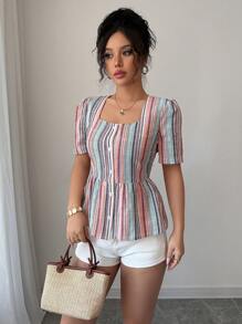 Elenzga Women's Casual Elegant French Romantic Slim Fit Ruffle Trim Striped Short Sleeve Blouse