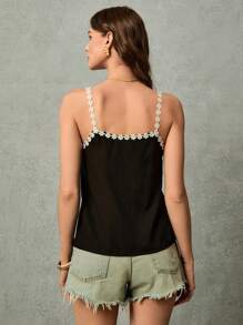 Poéselle Daisy Camisole Tank Top, Summer Vacation Tank Top, Solid Grain Fabric, Loose Casual Tank Top, Clashing Daisy Lace, Suitable For Outing Vacation, Romantic Date