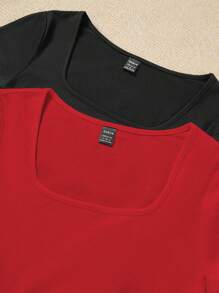 SHEIN EZwear 2 件套休闲简约黑色和红色女士短袖紧身衣，适合夏季 - 彩色 - 查看 5