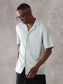 SUMWON Essential Slim Fit Textured Button-Down Shirt Ribbed Short Sleeve Revere Collar Lightweight Summer Casual Business Office Daily Wear