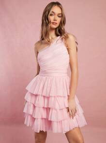 Enchnt 不对称褶饰分层网眼连衣裙 - 淺粉色 - 查看 5