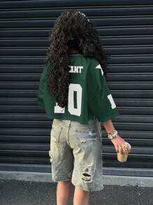 Muchica 女士短款绿色缎面撞色网眼数字印花 T 恤，Rave 上衣 - 墨綠色 - 查看 2