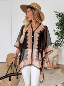 EMERY ROSE Women's I-Sheer Woven Fabric Lightweight Jacket With V Neck, Half Sleeves, And Asymmetrical Hem - Black - View 6