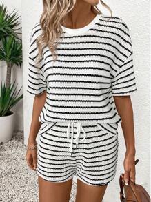 SHEIN LUNE Women's Striped Crew Neck Drop Shoulder Top And Tie-Waist Shorts Casual 2 Pieces Set Casual Sets For Women Summer Clothes For Women