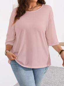 EMERY ROSE Plus Size Solid Color Plus Size Round Neck 3/4 Sleeve T-Shirt, Suitable For Everyday Wear - Dusty Pink - View 5