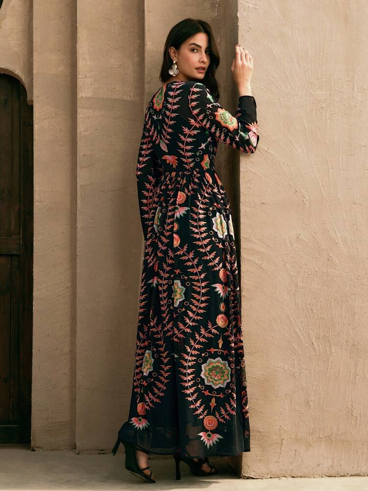 Damen elegantes langes Kleid aus gewebter Chiffon mit Positionsdruck, für den Frühling, lässig, modern, für den Urlaub, Festival
