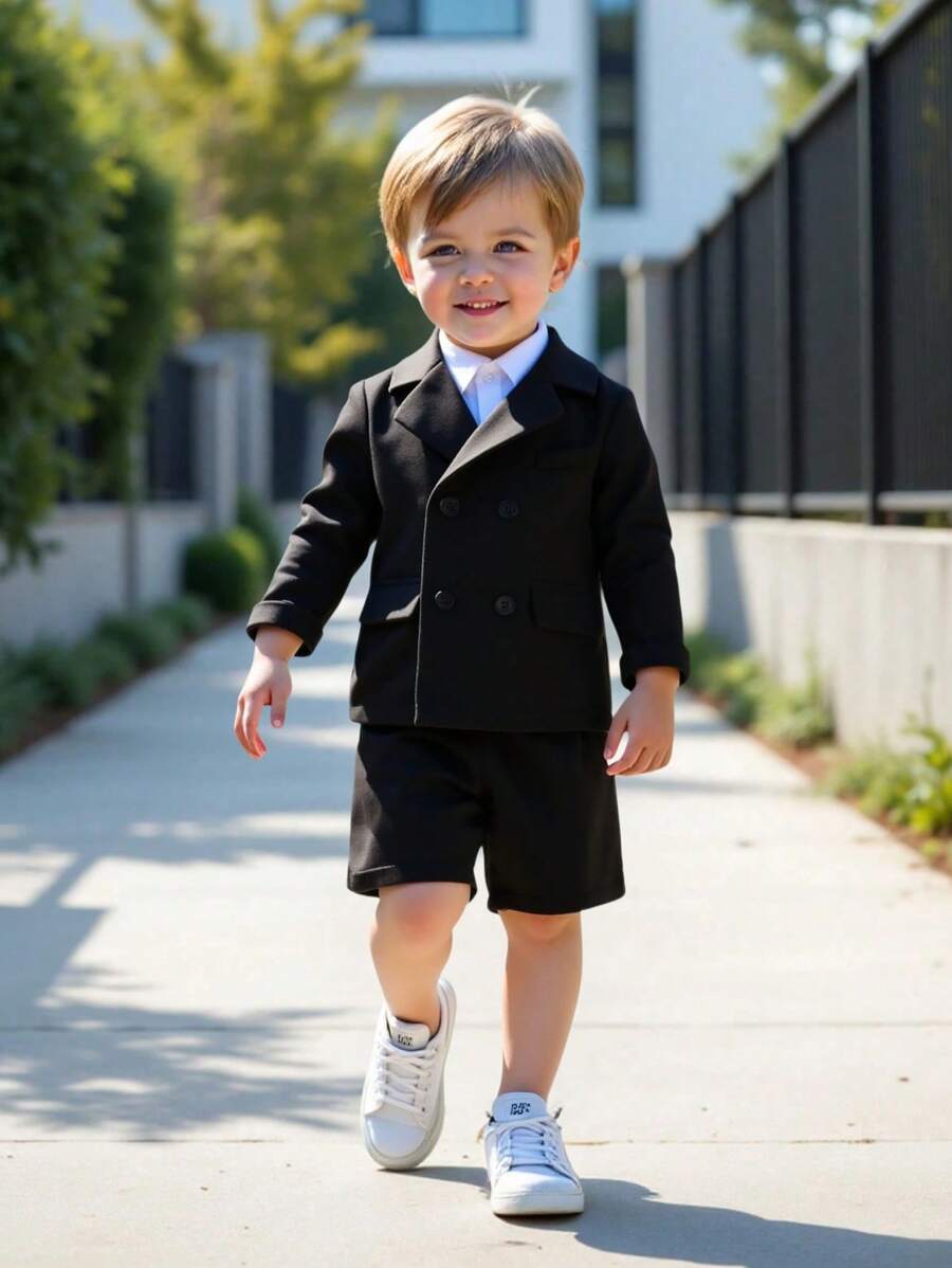 SHEIN 2 件套男童黑色短袖双排扣西装外套和短裤套装 - 绅士风格 - 黑色 - 查看 1