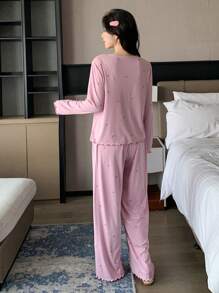 DAZY 2 pièces Ensemble de pyjama rose à manches longues avec fleurs ditsy pour femmes, printemps