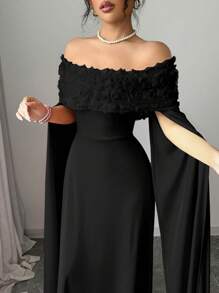 Rafferiza 情人节浪漫约会优雅女士露肩大红色3D花朵超长开衩袖休闲连衣裙 - 黑色 - 查看 3