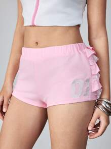 ROMWE Avant Quần short thể thao ren ballet gợi cảm lãng mạn dành cho nữ, cạp thấp, thêu số - Hồng - Xem 1