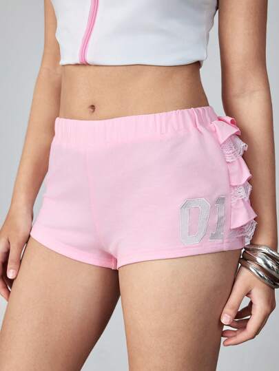 ROMWE Avant Pantaloncini corti da donna romantici, flirtevoli e sexy con balze, ricami e numeri, a vita bassa, adatti per sport