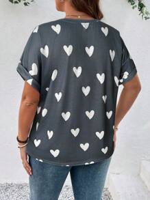 SHEIN LUNE 大码情人节心形印花蝙蝠袖 T 恤 - 淺灰色 - 查看 2