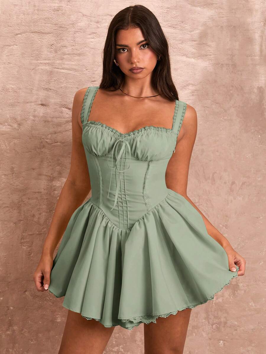 SHEIN BAE Women Elegant Solid Ruched Camisole Lace Patchwork Mini Dress - Mint Green - View 1