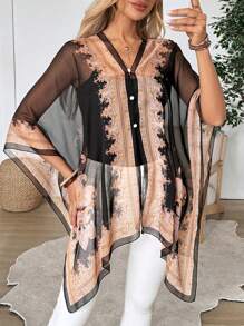 EMERY ROSE Women's I-Sheer Woven Fabric Lightweight Jacket With V Neck, Half Sleeves, And Asymmetrical Hem - Black - View 4