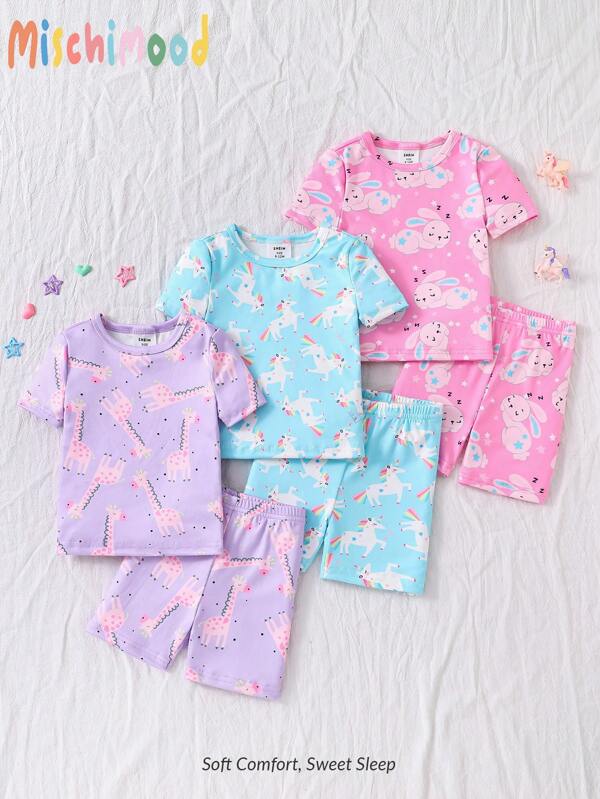 6pcs/Set Baby Girls Unicorn, Giraffe & Rabbit Graphic Print Pink, Purple, Green Bodysuit, Shorts And T-Shirt Sleepwear Set Toddler Girl Clothes Unlined Toddler Clothes Summer Toddler Summer Pajamas Toddler Summer Clothes Toddler Girls Clothing Tight Fit Pajamas Snug Fit Holiday Traval Releax Summer Clothes