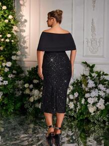 Glamrae Elegantes Midi-Cocktailkleid in Große Größen mit asymmetrischem Kragen, Laternenärmeln, besetzt mit Strass, Partykleid, Hochzeitsgast-Kleid