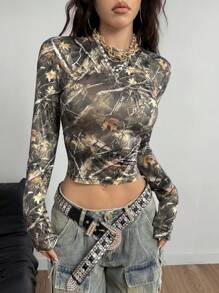 Coolane Women's Y2K Tree Branch Pattern Woodland Graphics Stretchy Long Sleeve Mesh T-Shirt - Mocha Brown - View 4