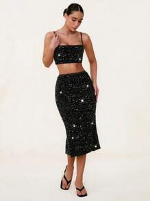 Glamine Conjunto de 2 piezas vestido largo con hombros descubiertos de color negro con lentejuelas, conjunto para salir, vestido de cumpleaños, conjunto para fiesta de vacaciones, conjunto de vestido para cita, conjunto de vestido de San Valentín para mujer, conjunto de vestido brillante, conjunto de 2 piezas para mujer, conjunto de 2 piezas falda, conjunto de 2 piezas falda para mujer - Negro - Ver 1