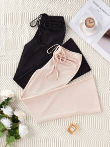 SHEIN 2pcs Women's Solid Color Front Drawstring Waist Soft Texture Rib Knit Lounge Pants - Multicolor - View 1