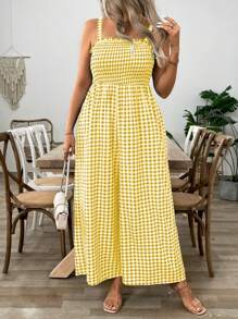 SHEIN Clasi Plus Size Women Vacation Style Plaid Spaghetti Strap Wide Leg Casual Jumpsuit - Yellow - View 6