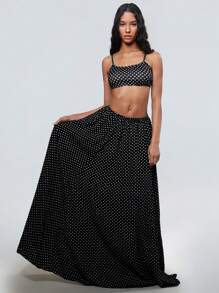 Flirla Set de 2 piezas con camiseta de tirantescortay falda larga de línea A con estampado de lunares de estilo de resort de primavera/verano