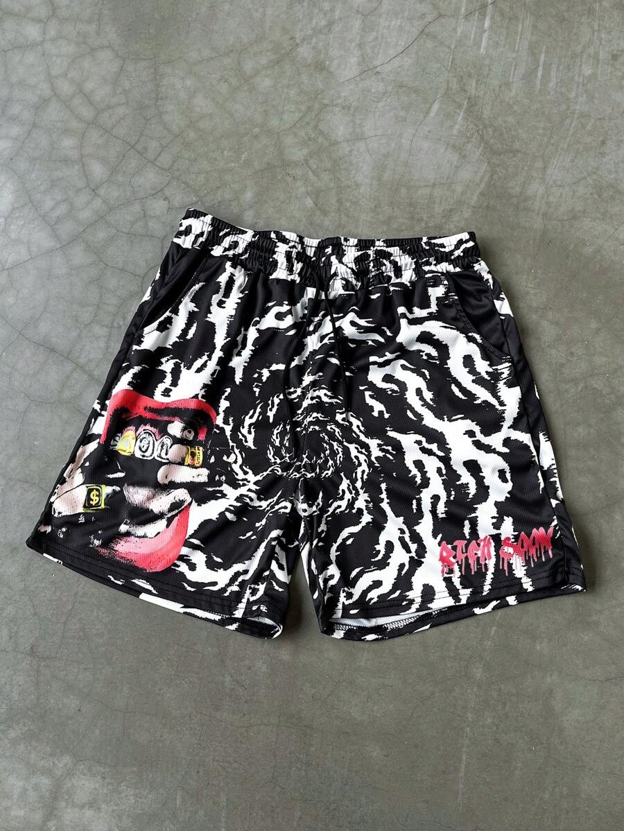 PAVTROS Men's Streetwear High-Street Black Swirl Dollar Money Graphic With Golden Teeth And Red Mouth On Street-Style Hip-Hop Digital Print Mesh Shorts - Multicolor - View 1