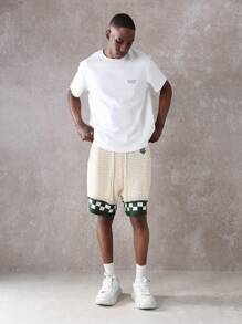 SUMWON 奢华针织抽绳运动短裤优质棋盘格图案装饰休闲运动沙滩夏春轻盈透气运动跑步篮球家居服 - 杏色 - 查看 2