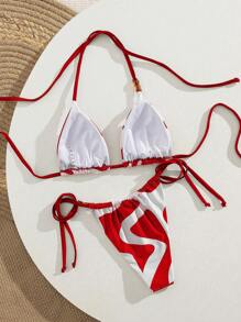 乳棕色吊带裤侧系带简约风格女士复古分体比基尼泳装两件套海滩度假