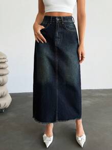 SHEIN Cottnline 女士高腰口袋直筒宽松休闲长款牛仔半身裙 - 中等水洗藍 - 查看 4