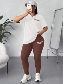 SHEIN EZwear 2 件套大码字母印花 T 恤和紧身裤 - 棕色 - 查看 6