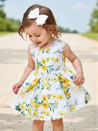 SHEIN Playful Pals 女婴可爱碎花吊带雪纺荷叶边连衣裙，2024 年夏季新款