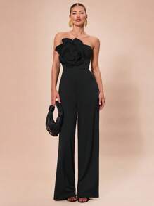 SHEIN BAE Bộ đồ liền thân bó sát trang trí hoa 3D thanh lịch màu đen & đen/trắng, đa năng cho tiệc cocktail, hẹn hò lãng mạn, mặc nhiều lớp thường ngày, tiệc tùng, Halloween, Giáng sinh - màu đen - Xem 3