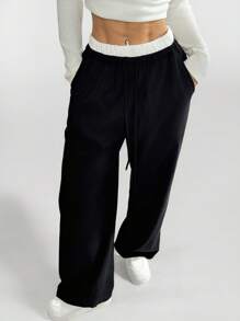 SHEIN PETITE Women's Corduroy Colorblock High Waist Pockets Wide Leg Loose Pants - Black - View 1