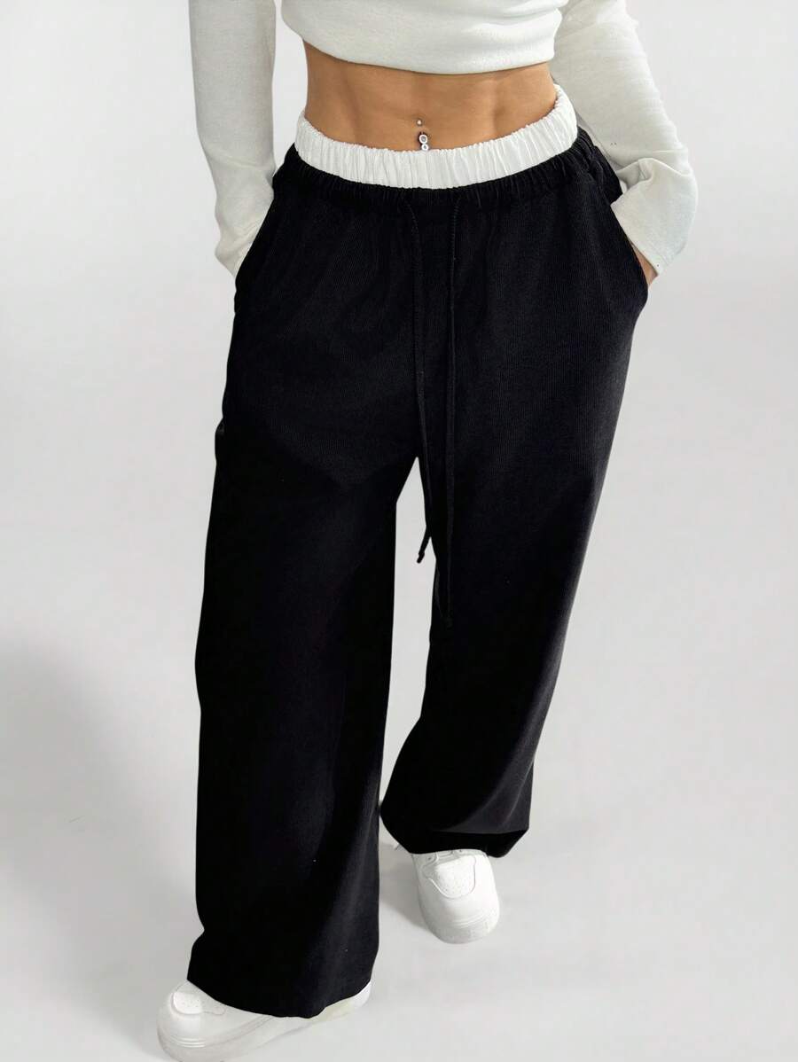 SHEIN PETITE Women's Corduroy Colorblock High Waist Pockets Wide Leg Loose Pants - Black - View 1